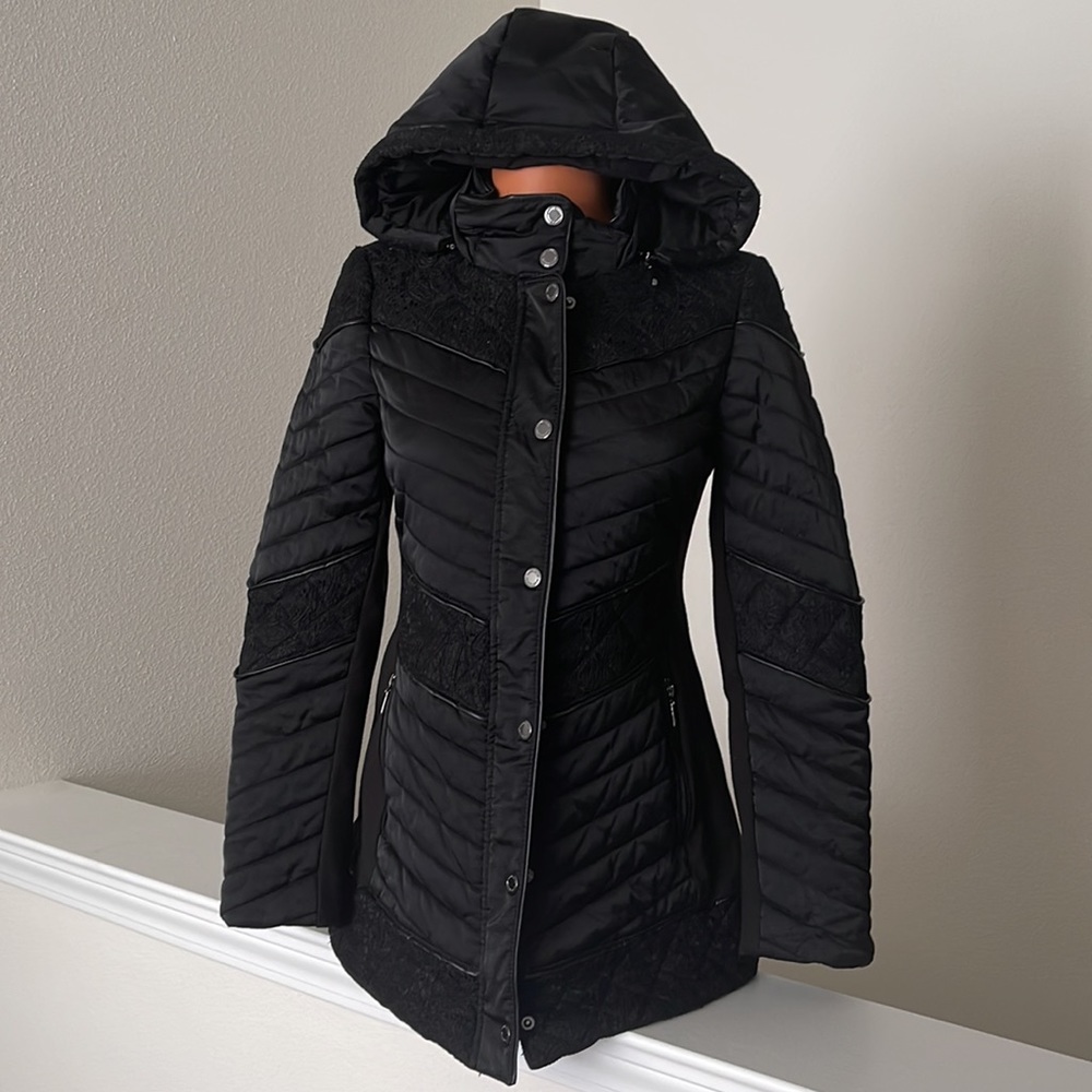White House Black Market XS Coat with Leather and Lace accents